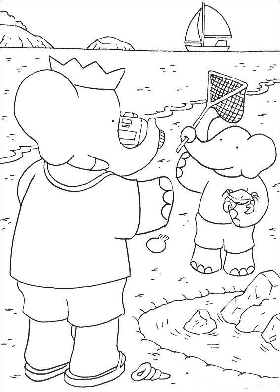 coloriage babar a la plage peche le crabe